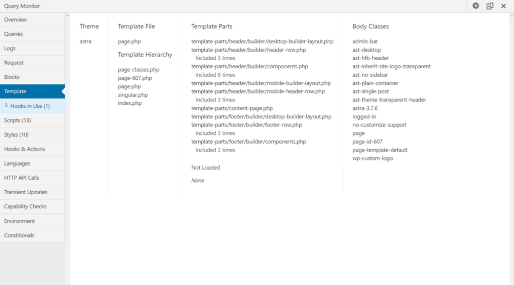 La scheda Template del plugin Query Monitor da cui vedere la gerarchia dei template.