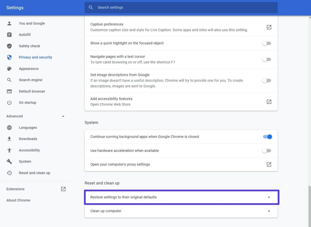 Cómo restablecer la configuración de Chrome a los valores predeterminados.