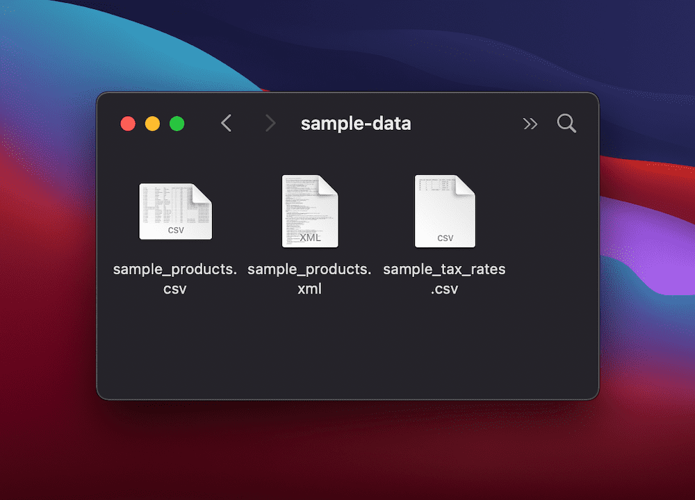 Ein macOS Finder-Fenster mit drei Dateien: sample_products.csv, sample_products.xml und sample_tax_rates.csv.