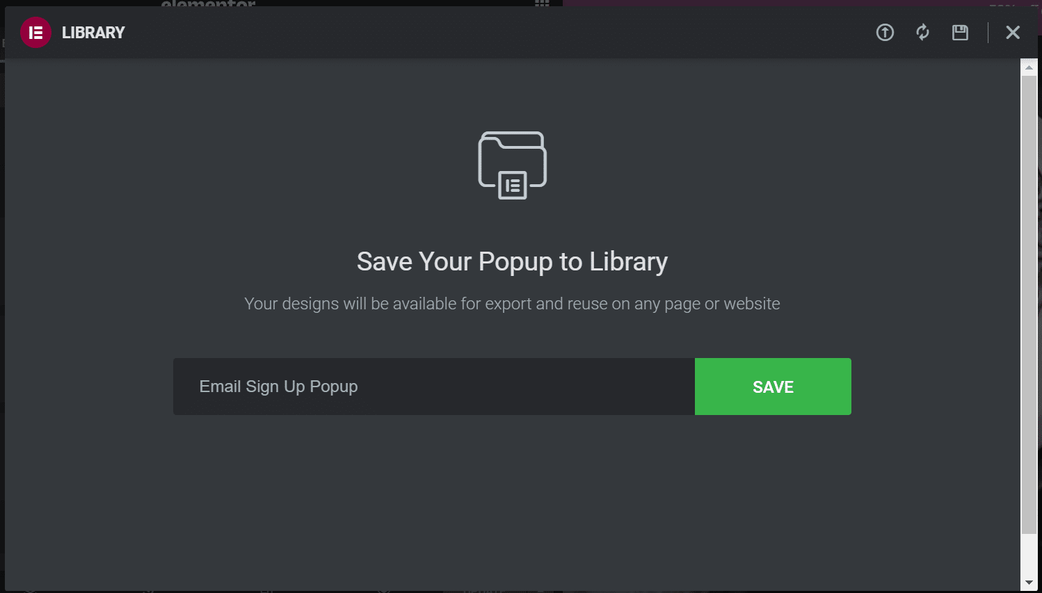 Schermata Library e l’opzione per salvarlo: al centro della pagina la scritta Save Your Popup to Library