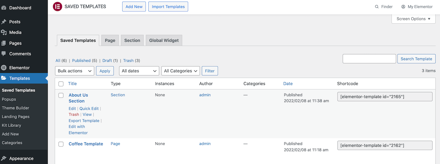 Schermata del backend Elementor con i template salvati