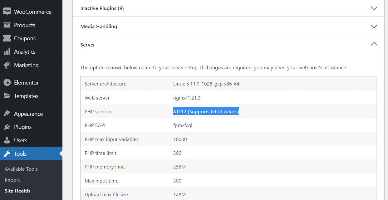 Dupla verificação de que a versão PHP é apropriada