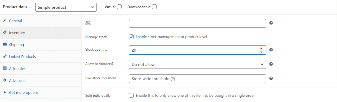Enabling product-level stock management in WooCommerce.