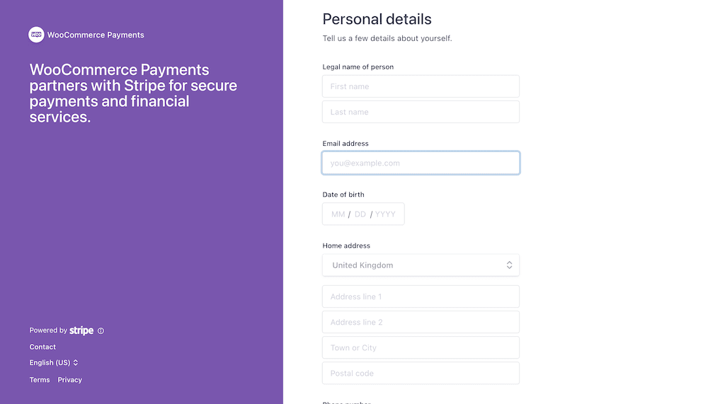 La schermata di verifica di WooCommerce Payments mostra una serie di campi che richiedono il nome e l'indirizzo dell'azienda..
