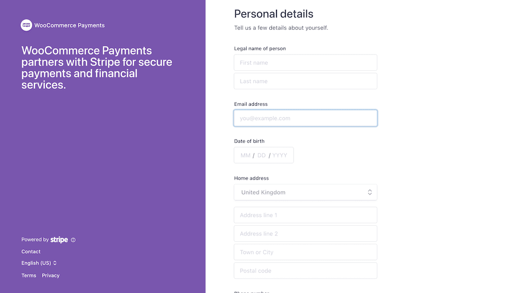 WooCommerce Payments pedindo detalhes pessoais