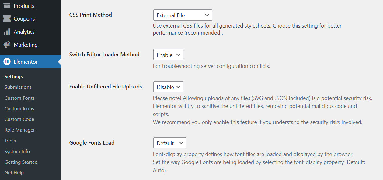 Schermata del backend di WordPress, sezione Impostazioni di Elementor: tra le opzioni compare anche Switch Editor Loader Method