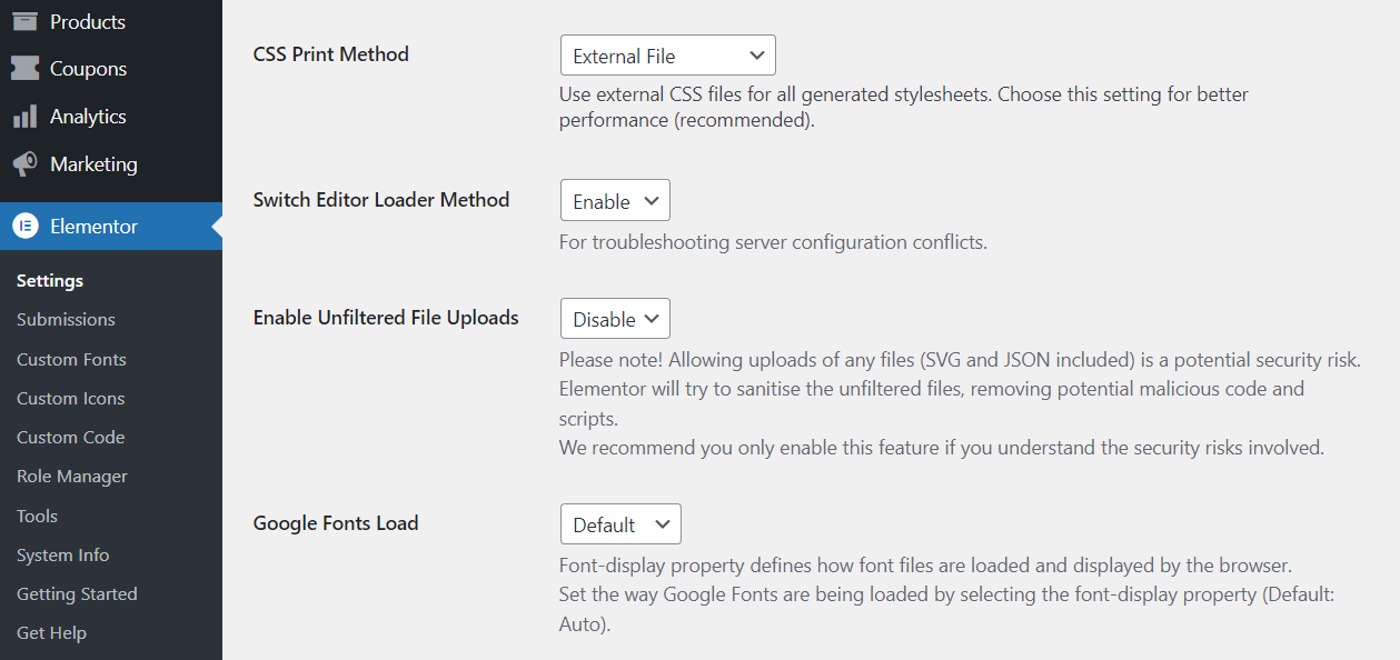 Changing elementor loading methods