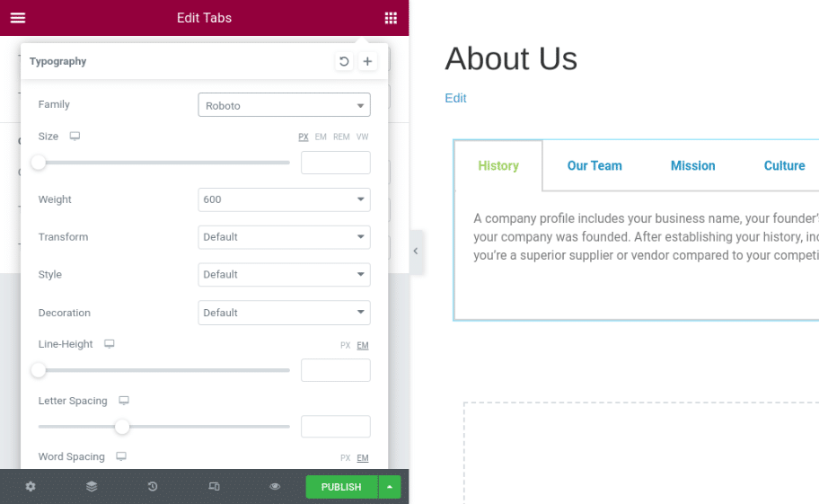 Scherma di Elementor con la sezione Edit Tabs e le opzioni per modificare la tipografia