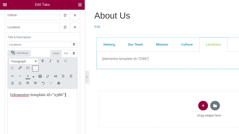 Screenshot di Elementor con la sezione Edit Tabs e uno shortcode copiato anche nella schermata principale, che simula una pagina About Us