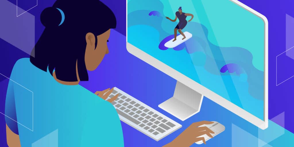 An illustration of a woman looking at a desktop computer screen that shows an image of a paddleboarder on waves.
