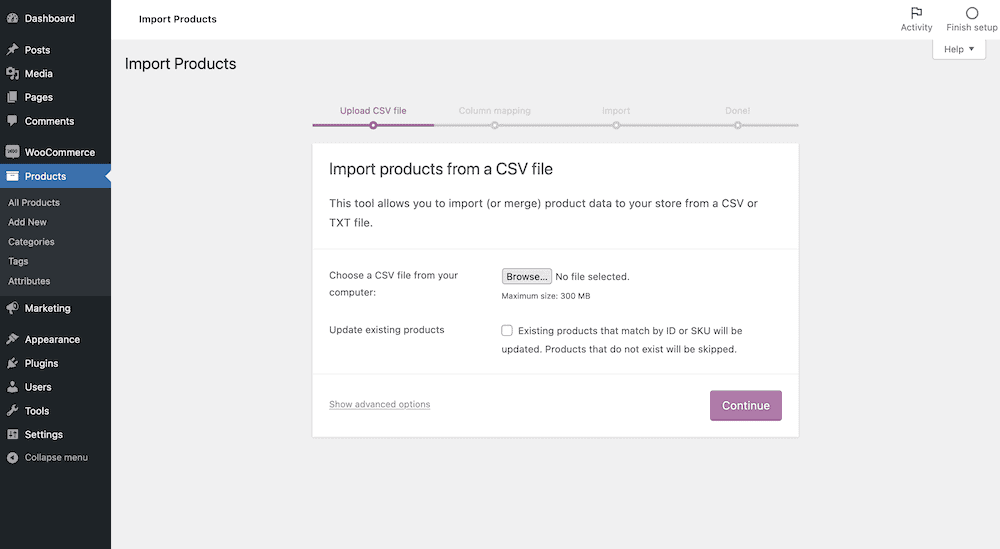 The WooCommerce Import Products screen, showing a button to choose a CSV file from your local computer and a checkbox to update existing products.