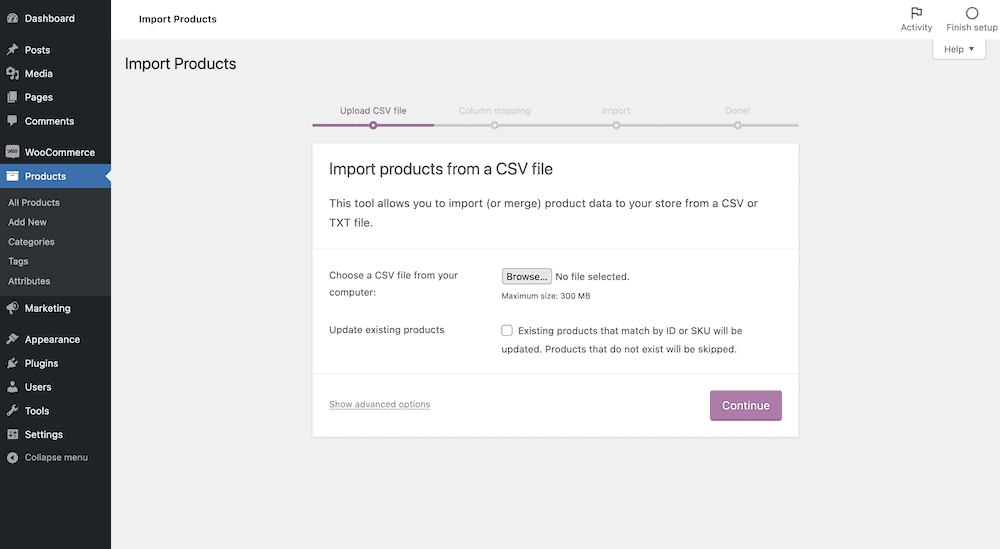 La schermata Importa prodotti di WooCommerce mostra un pulsante per scegliere un file CSV dal computer locale e una casella di controllo per aggiornare i prodotti esistenti.