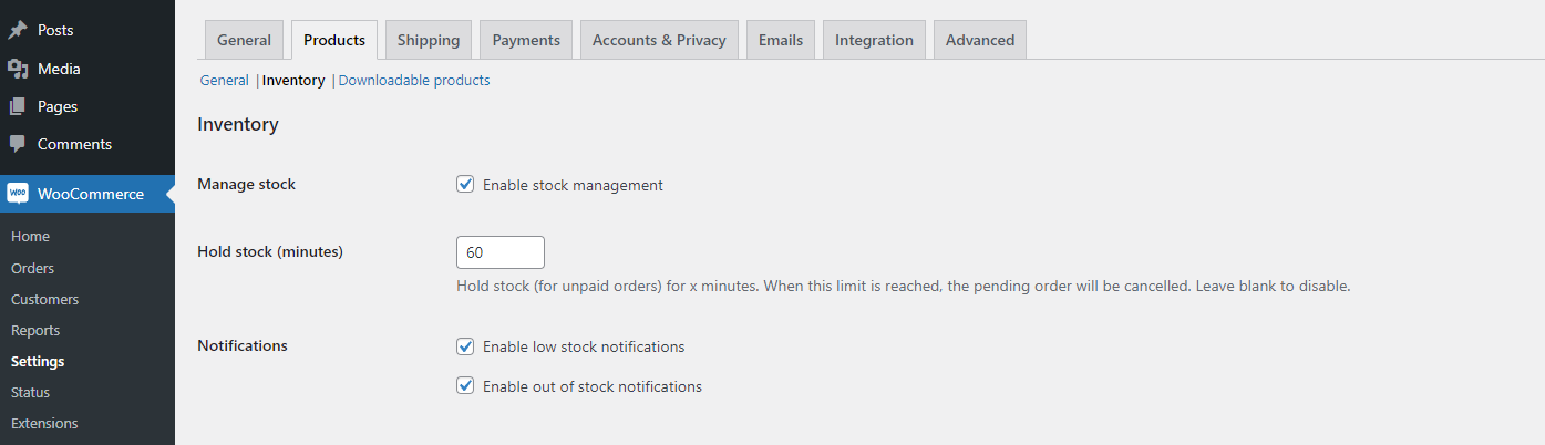 WooCommerce Inventory settings