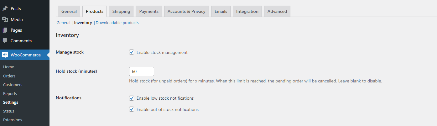 Impostazioni della scheda Products - Inventory nel backend di WooCommerce