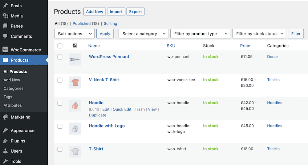 Uma lista de produtos e campos de dados do WooCommerce.