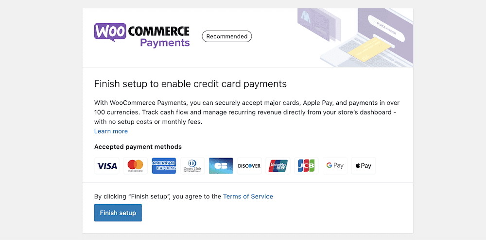 Het WooCommerce Payments Setup scherm