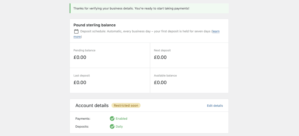 The WooCommerce Payments dashboard within WordPress that shows detailed balance information and account status indicators.