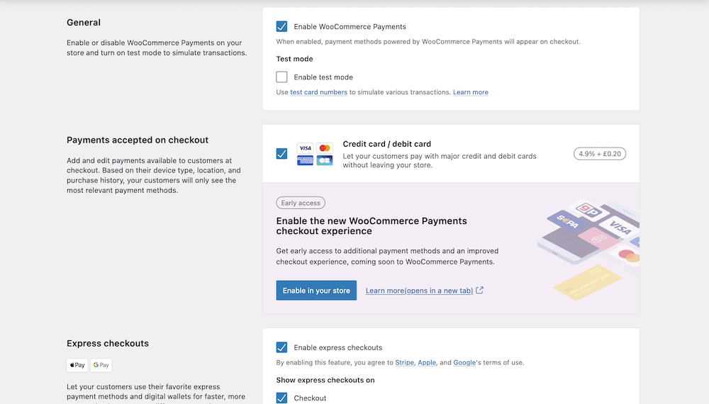 La schermata delle impostazioni di WooCommerce Payments, che mostra le opzioni per impostare una modalità di prova, per abilitare l'estensione e per abilitare le carte di credito e di debito.