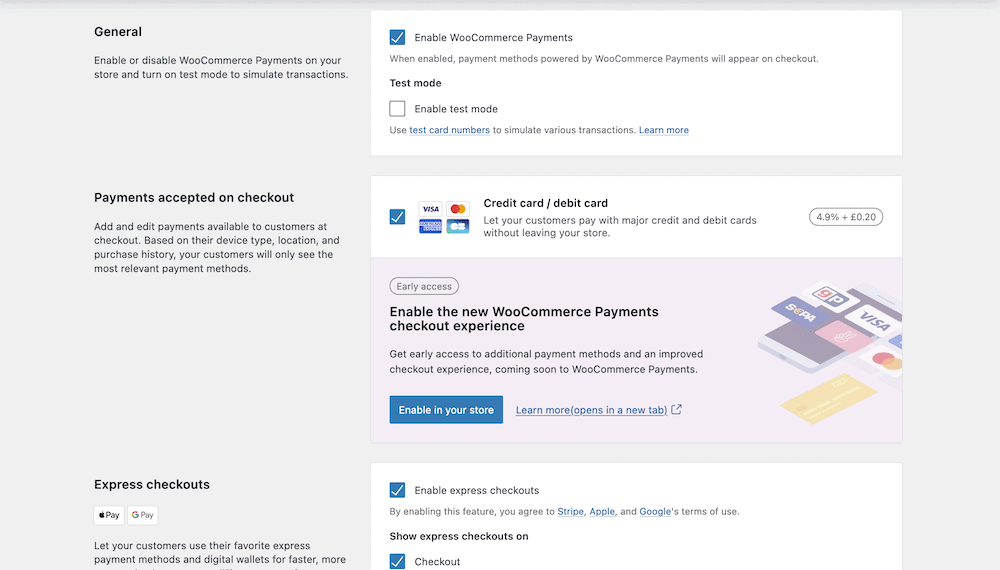 The WooCommerce Payments Settings screen, showing options to set a test mode, to enable the extension, and enable credit and debit cards.