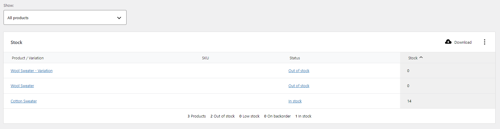 Visualización de informes de estado de existencias en WooCommerce.