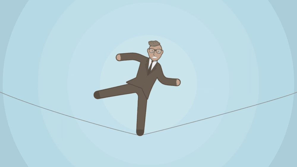 An image of a man in a brown suit balancing on a tightrope, on a blue radial background.