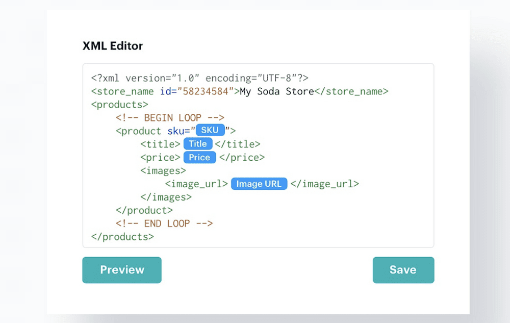 The WP All Import plugin's schema editor, showing XML code along with user-defined values and parameters within the code.