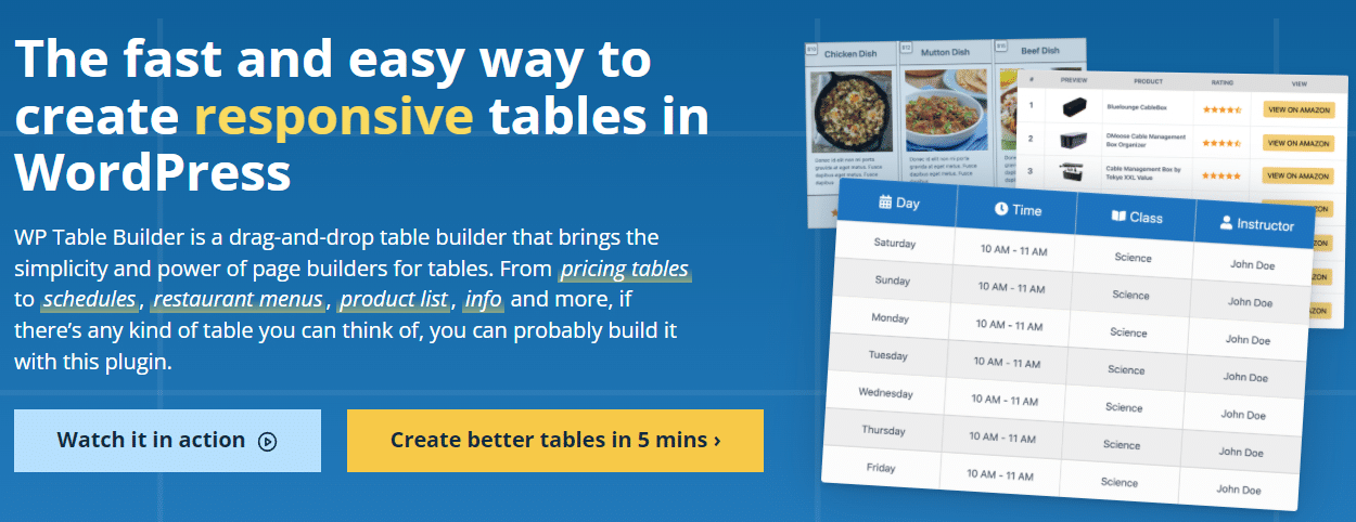Homepage del plugin per Elementor WP Table Builder