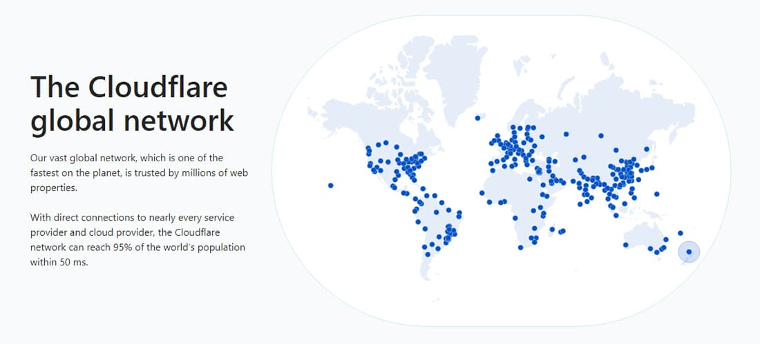 Ein Screenshot von der Webseite von Cloudflare zeigt eine globale Karte mit allen POPs des Unternehmens.
