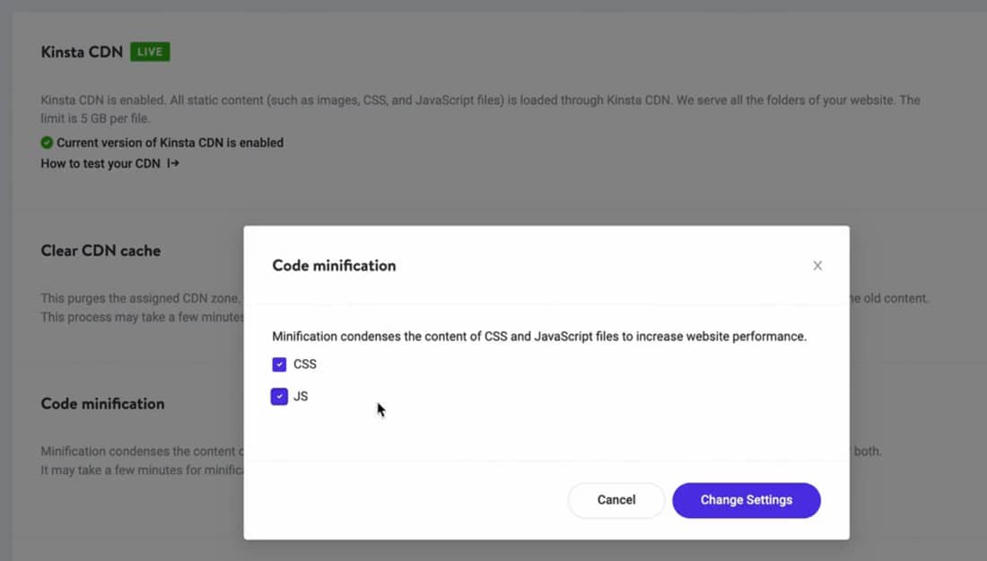 A screenshot of the Code minification feature in MyKinsta dashboard.