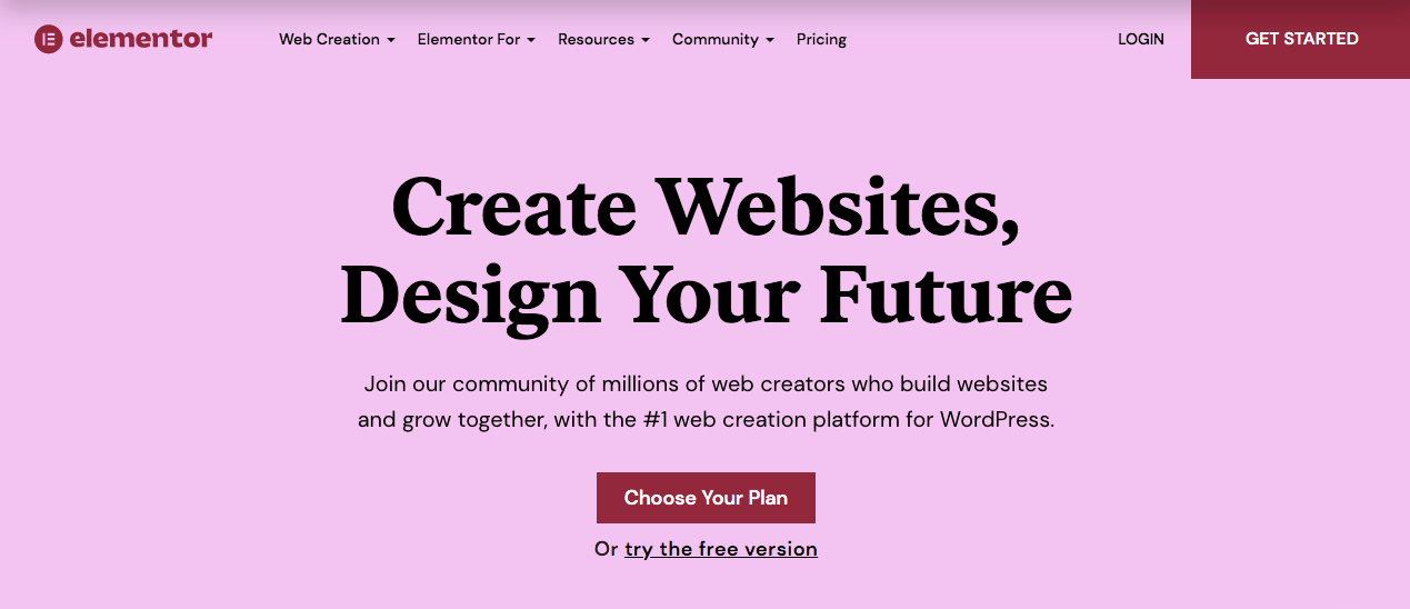 Homepage di Elementor con il motto Create Websites, Design Your Future