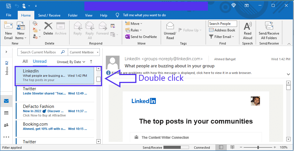 Een Outlook inbox met de meest recente nieuwe e-mail gemarkeerd.