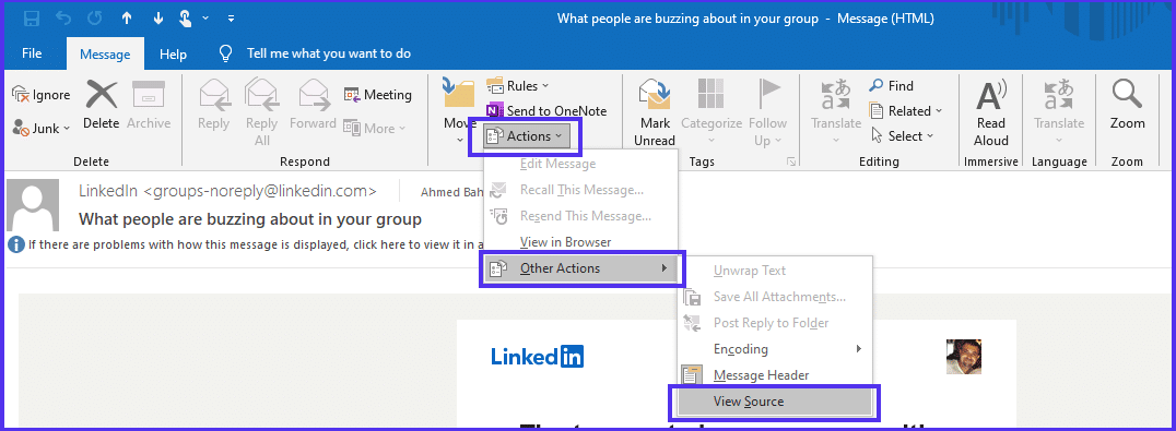 Il menu "Actions" su Outlook selezionato ed espanso per mostrare le opzioni “Altre Azioni” e “Visualizza sorgente”.