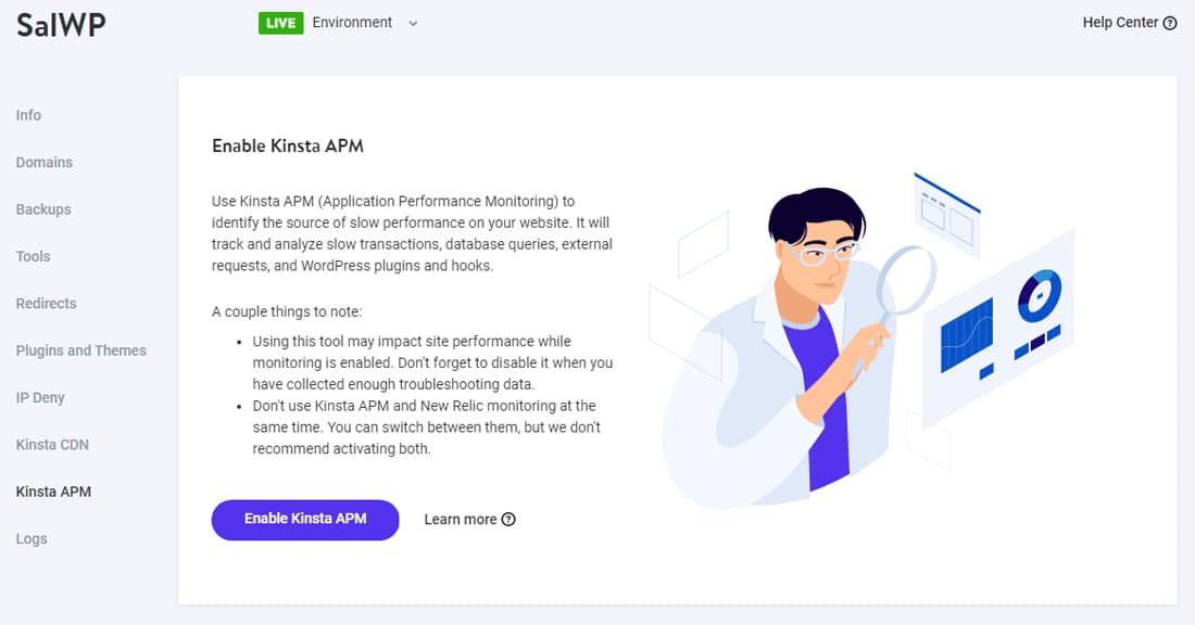 Showing how to enable Kinsta APM in the MyKinsta dashboard.