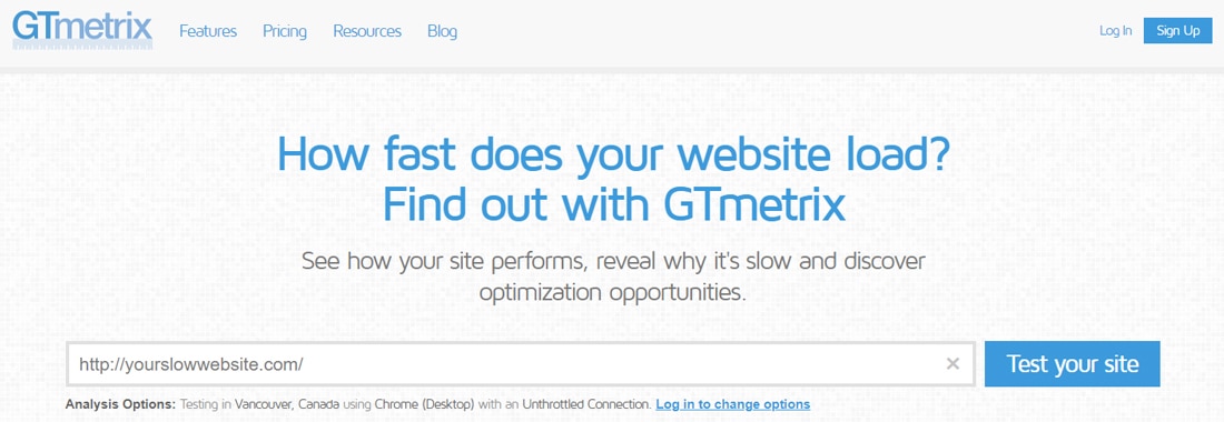 Page d'accueil de GTmetrix.
