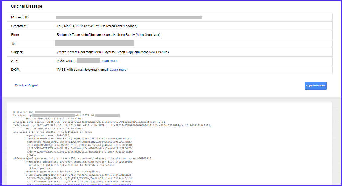 Captura de pantalla de un encabezado de correo electrónico en Gmail.