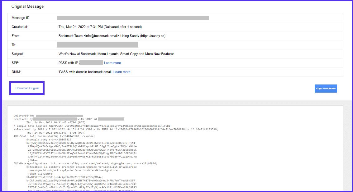 Un'intestazione di email in Gmail, che mostra un riquadro di evidenziazione intorno all'opzione Scarica l'originale