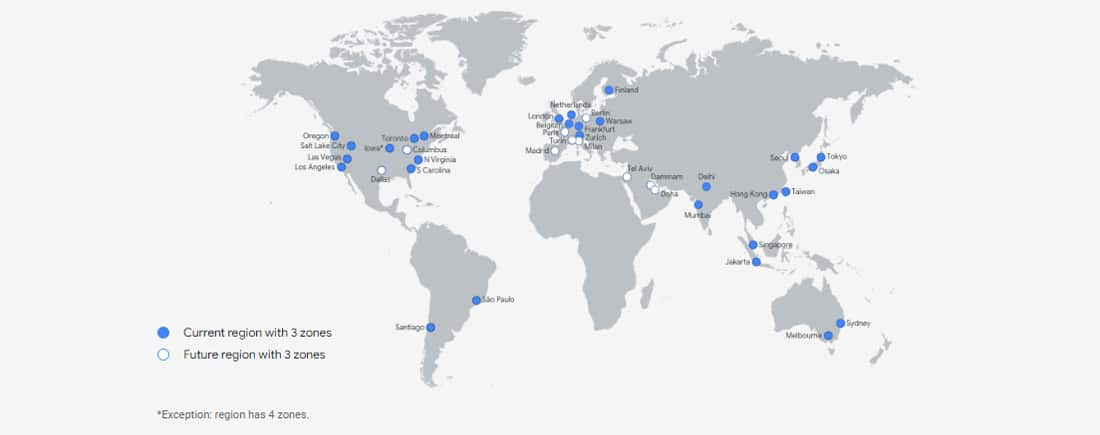 A global map of Google Cloud’s worldwide zones.