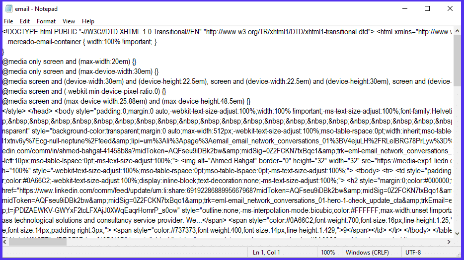 Un ejemplo de los detalles de la cabecera de un correo electrónico de Outlook cuando se ve en Notepad.