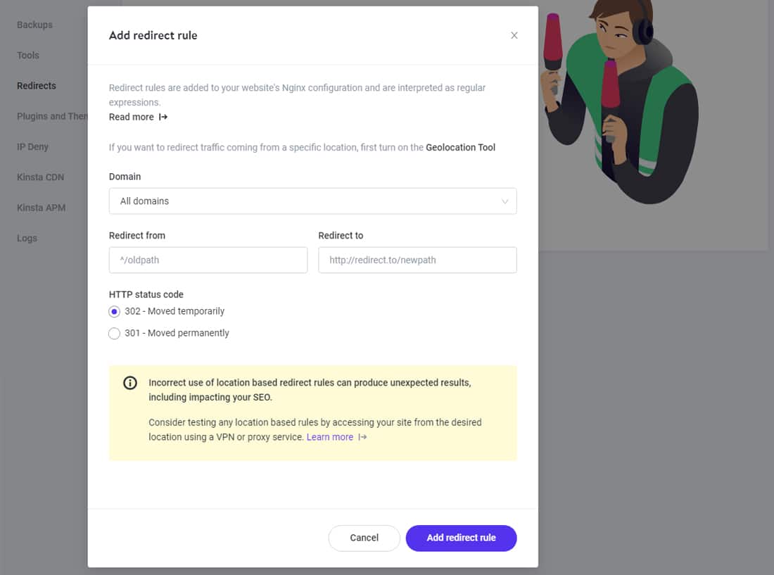 Using regex to customize your redirects in MyKinsta's URL redirections tool.