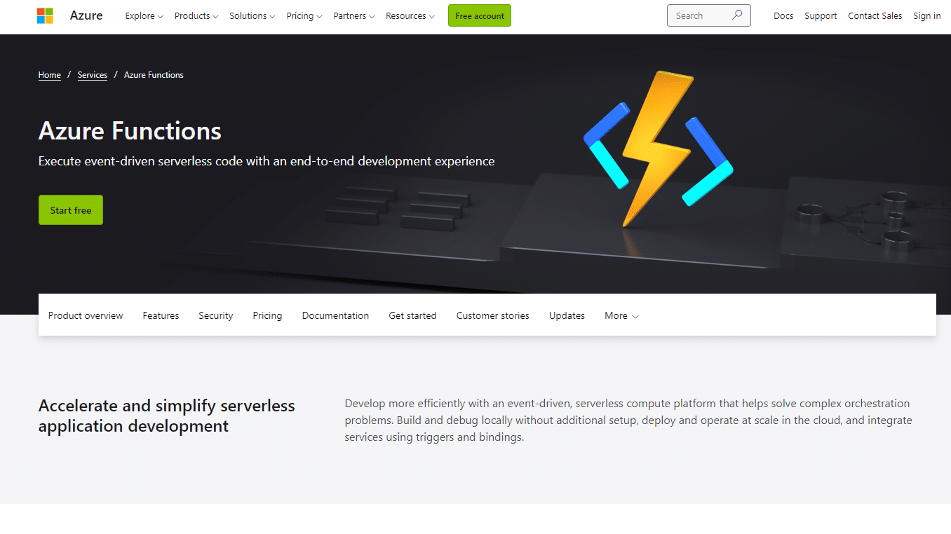 Microsoft Azure Functions homepage