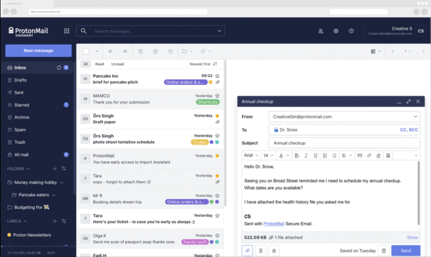 Interface do usuário ProtonMail