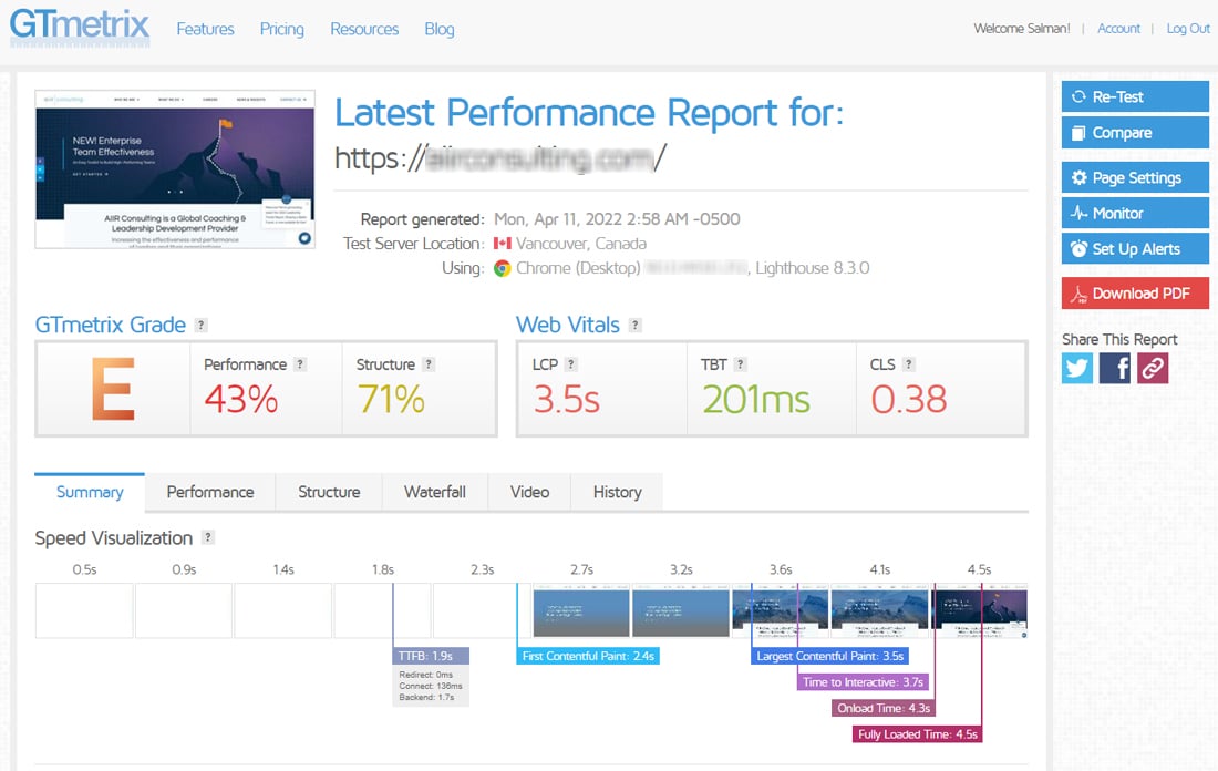 An example of a GTmetrix speed test report.