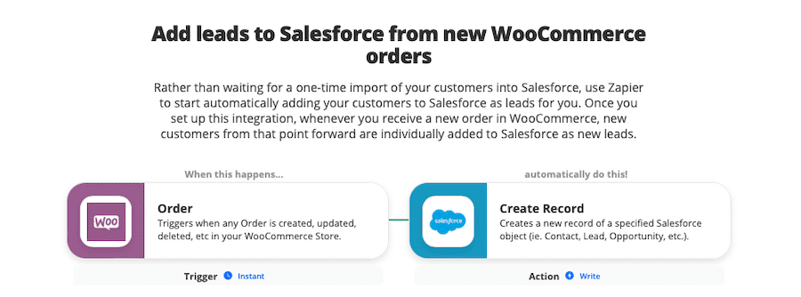 Integrazione zap per aggiungere lead a Salesforce partendo da nuovi ordini WooCommerce.