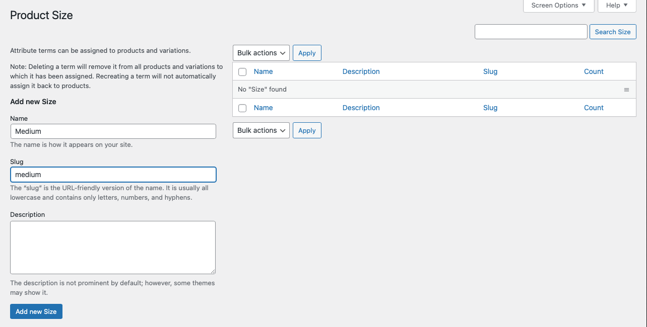 De term "Medium" toevoegen aan het attribuut "Size".