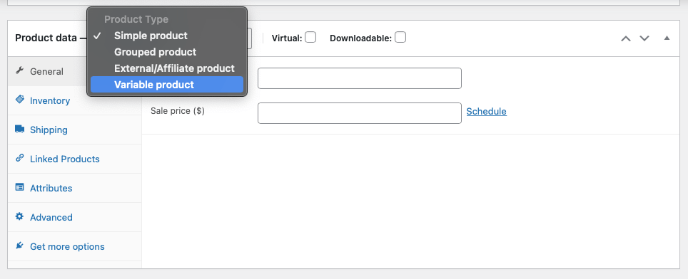 Schermata di WooCommerce, Product Data: dal menu a tendina Product Type scegliere Variable Product.