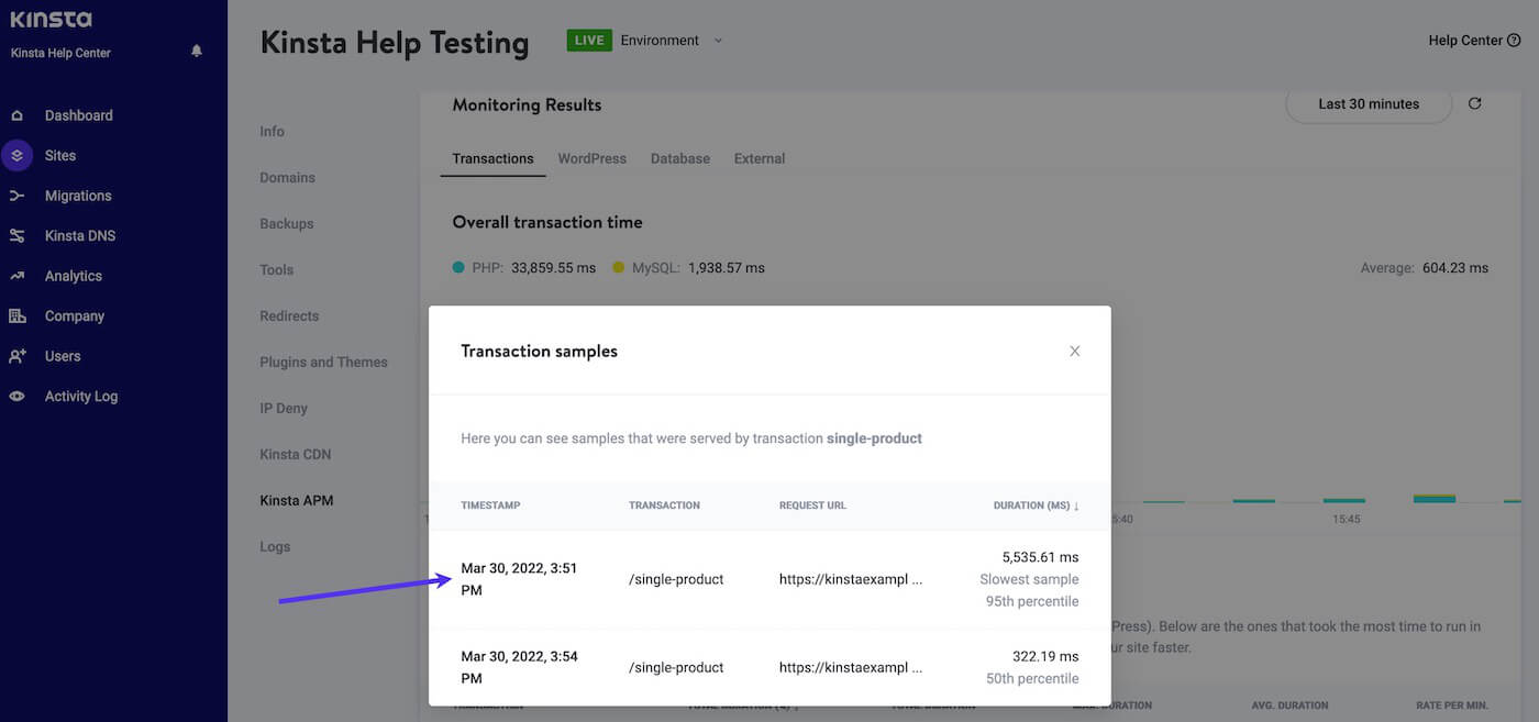 Select the slowest sample in the transaction samples list. Select the slowest sample in the transaction samples list.