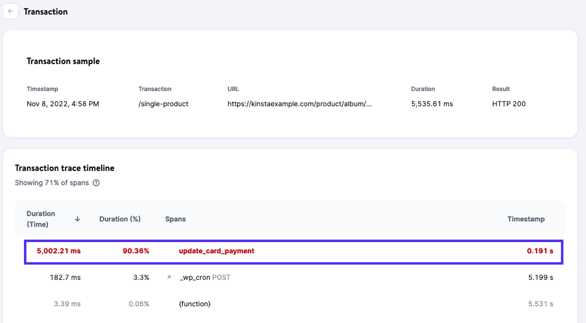 The update_card_payment span takes up 5,002.21 ms of the transaction.