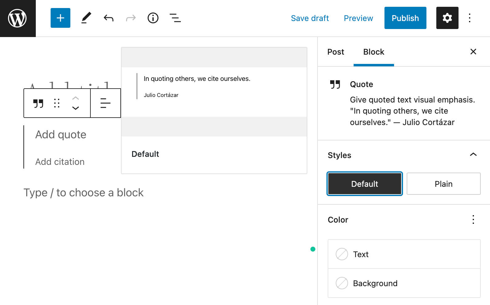 Vista previa del estilo de bloque en WordPress 6.0.
