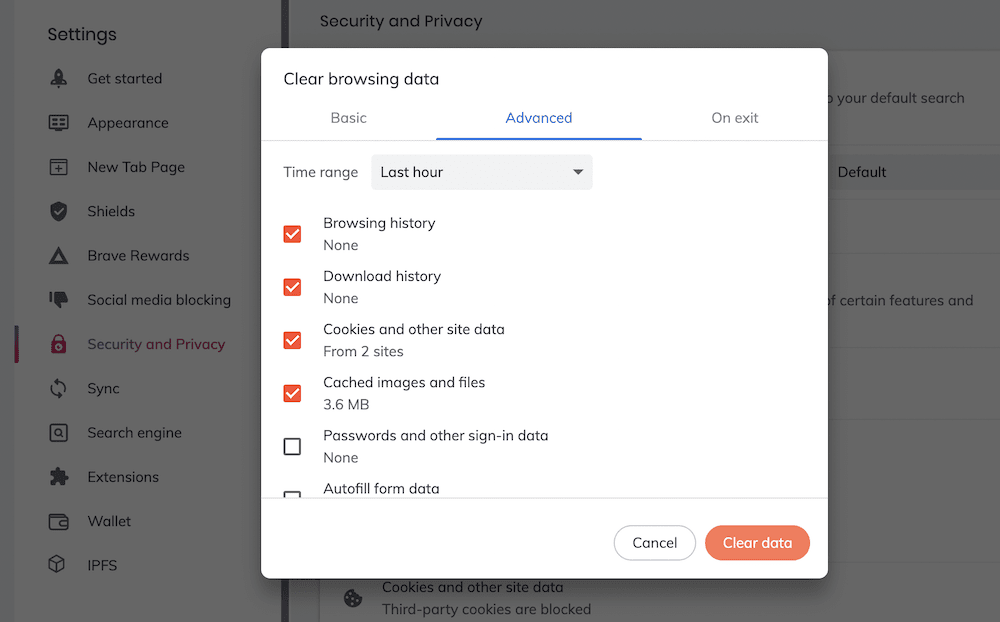 Brave's “Clear browsing data” modal dialog, showing a number of options selected with red checkmarks, and a couple of buttons that read “Cancel” and “Clear data.”