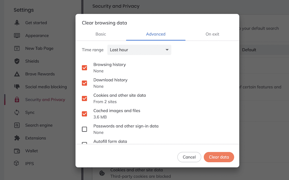 La boîte de dialogue modale Effacer les données de navigation de Brave.